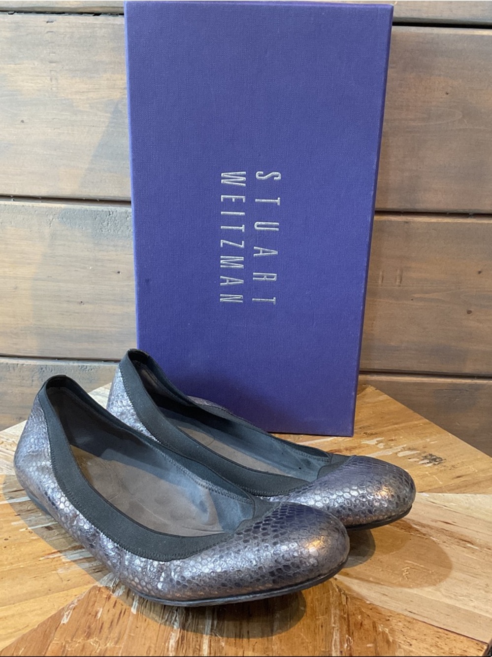 Stuart Weitzman Metallic Gray Snakeskin Ballet Flats